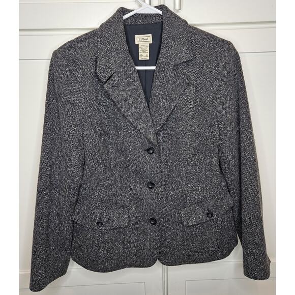 VTG LL Bean Blazer Jacket Gray Tweed Wool Silk Blend 3 Button Womens Size Medium - Picture 1 of 7